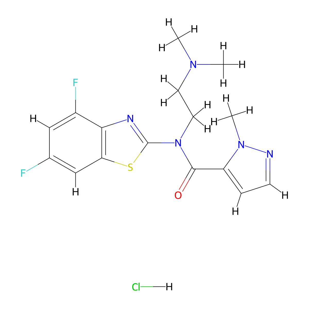 N-(4,6-difluorobenzo[d]thiazol-2-yl)-N-(2-(dimethylamino)ethyl)-1-methyl-1H-pyrazole-5-carboxamide hydrochloride molecular structure, CAS 1189986-56-8
