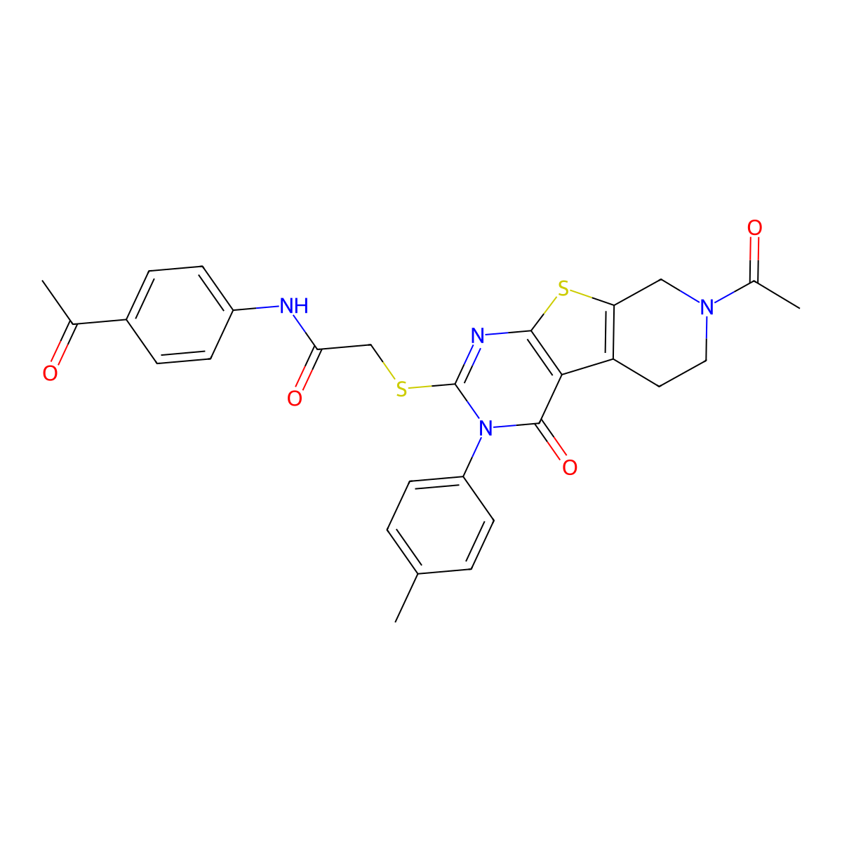 2-{[11-acetyl-4-(4-methylphenyl)-3-oxo-8-thia-4,6,11-triazatricyclo[7.4.0.0^{2,7}]trideca-1(9),2(7),5-trien-5-yl]sulfanyl}-N-(4-acetylphenyl)acetamide molecular structure, CAS 1189986-87-5