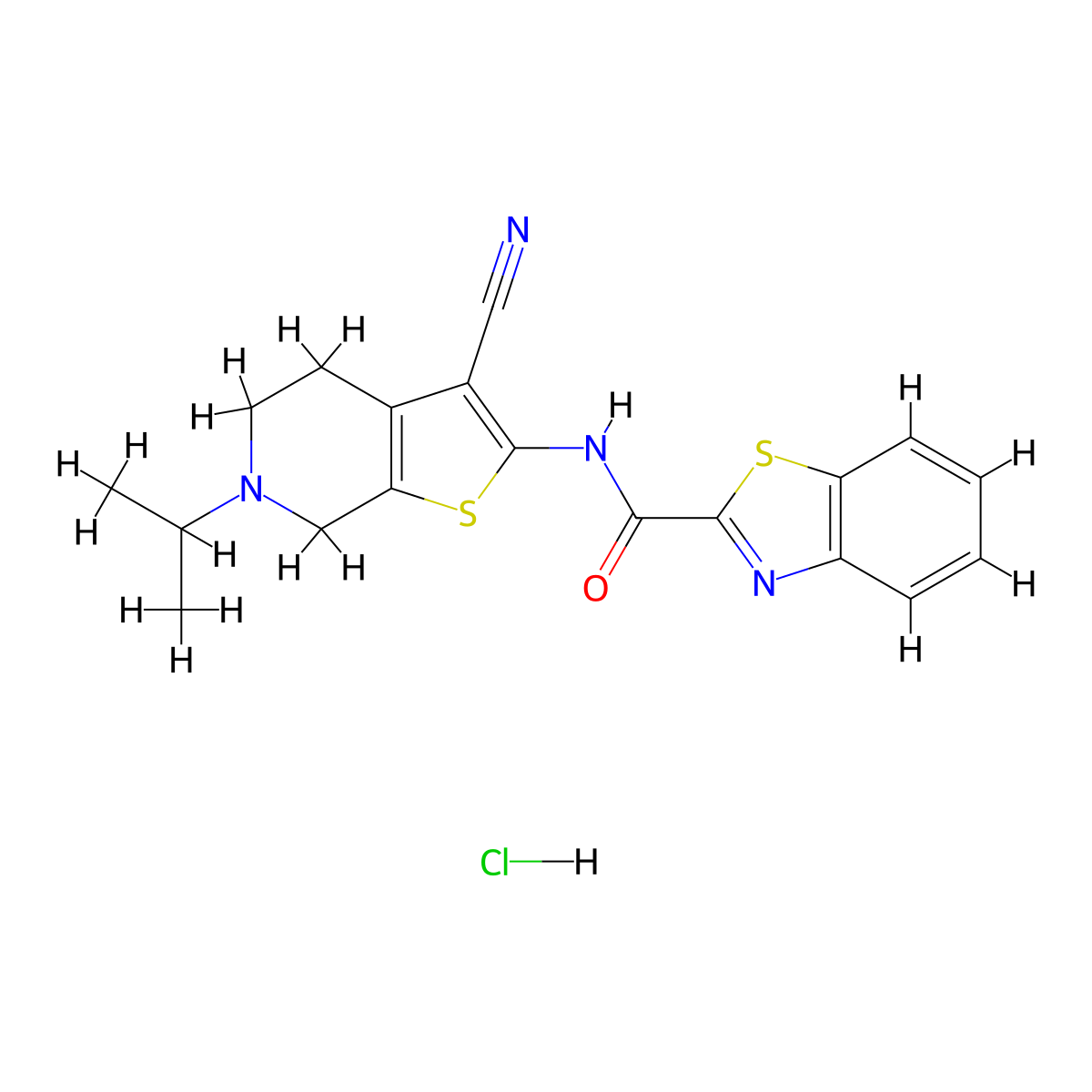 N-(3-cyano-6-isopropyl-4,5,6,7-tetrahydrothieno[2,3-c]pyridin-2-yl)benzo[d]thiazole-2-carboxamide hydrochloride molecular structure, CAS 1189989-57-8