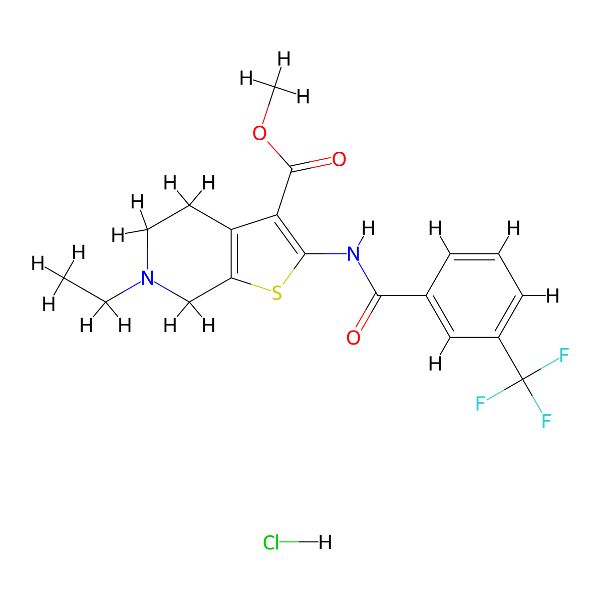 Methyl 6-ethyl-2-(3-(trifluoromethyl)benzamido)-4,5,6,7-tetrahydrothieno[2,3-c]pyridine-3-carboxylate hydrochloride molecular structure, CAS 1189990-67-7