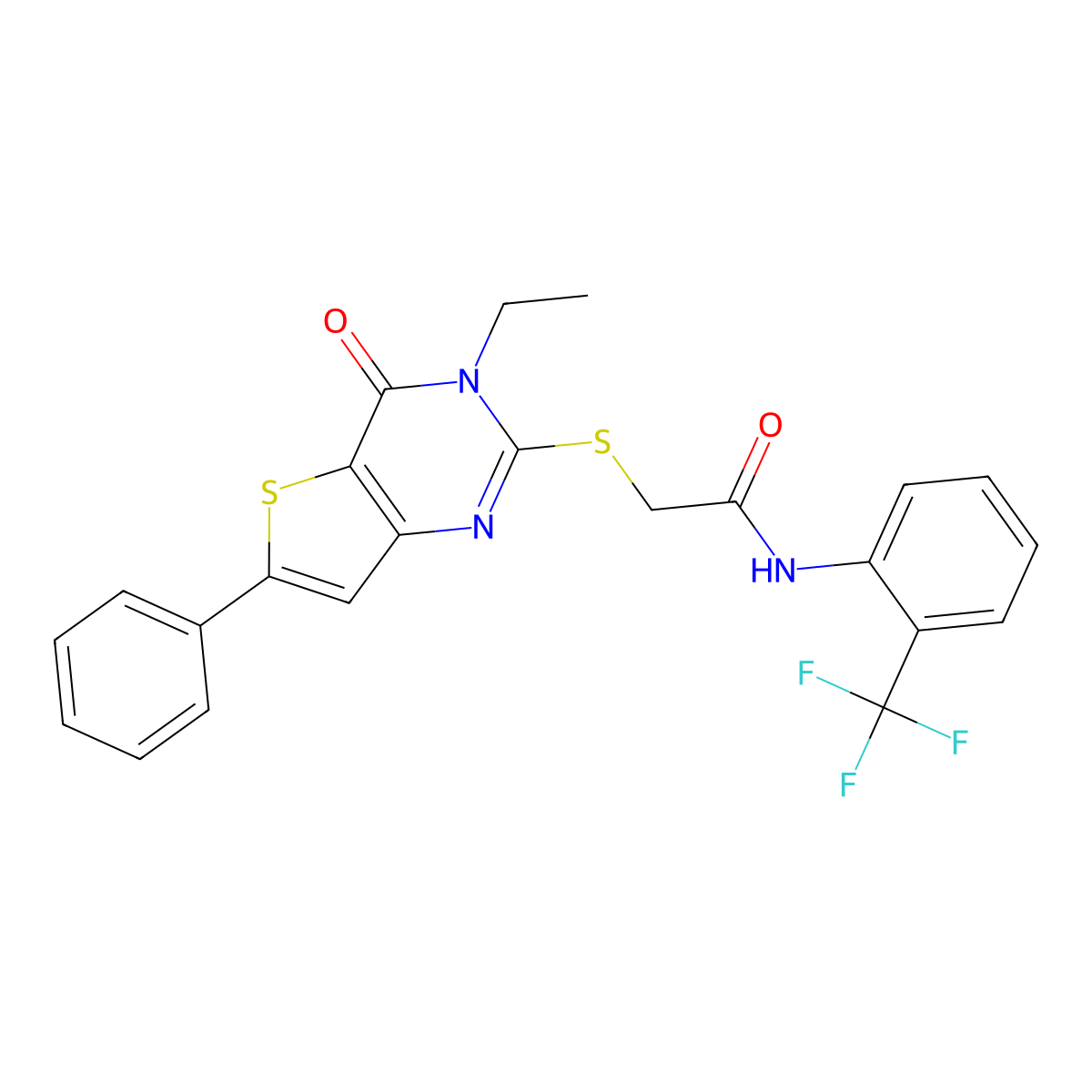 2-((3-ethyl-4-oxo-6-phenyl-3,4-dihydrothieno[3,2-d]pyrimidin-2-yl)thio)-N-(2-(trifluoromethyl)phenyl)acetamide molecular structure, CAS 1189990-79-1