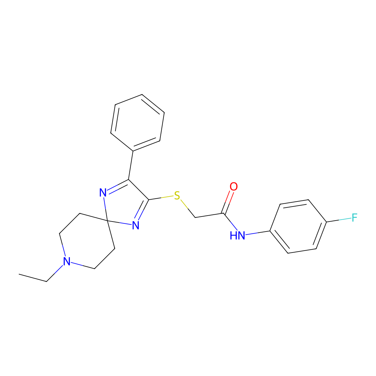 2-((8-ethyl-3-phenyl-1,4,8-triazaspiro[4.5]deca-1,3-dien-2-yl)thio)-N-(4-fluorophenyl)acetamide molecular structure, CAS 1189991-45-4