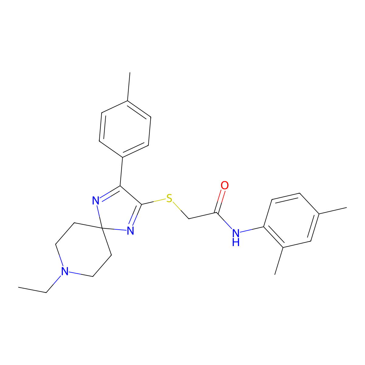 N-(2,4-dimethylphenyl)-2-((8-ethyl-3-(p-tolyl)-1,4,8-triazaspiro[4.5]deca-1,3-dien-2-yl)thio)acetamide molecular structure, CAS 1189991-92-1