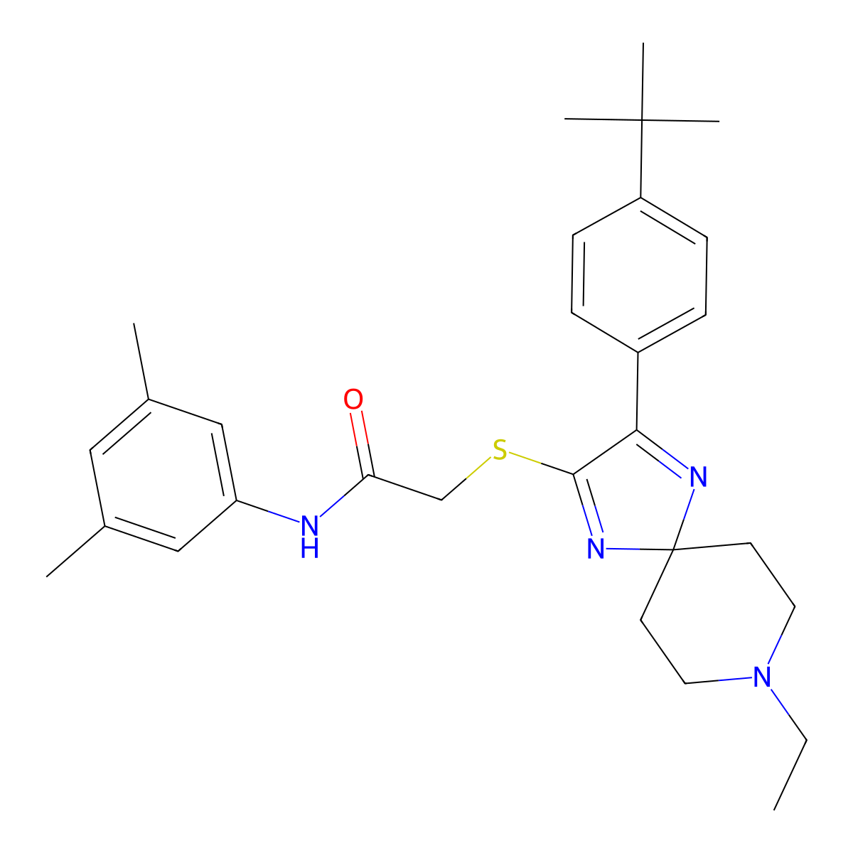 2-((3-(4-(tert-butyl)phenyl)-8-ethyl-1,4,8-triazaspiro[4.5]deca-1,3-dien-2-yl)thio)-N-(3,5-dimethylphenyl)acetamide molecular structure, CAS 1189992-30-0