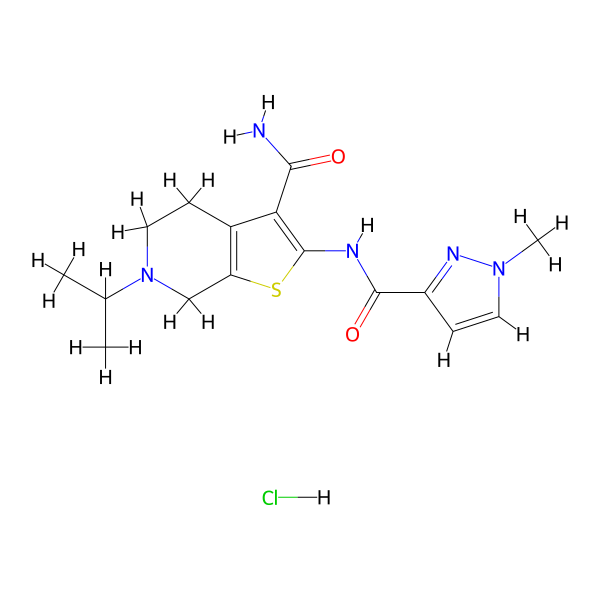 6-isopropyl-2-(1-methyl-1H-pyrazole-3-carboxamido)-4,5,6,7-tetrahydrothieno[2,3-c]pyridine-3-carboxamide hydrochloride molecular structure, CAS 1189992-56-0
