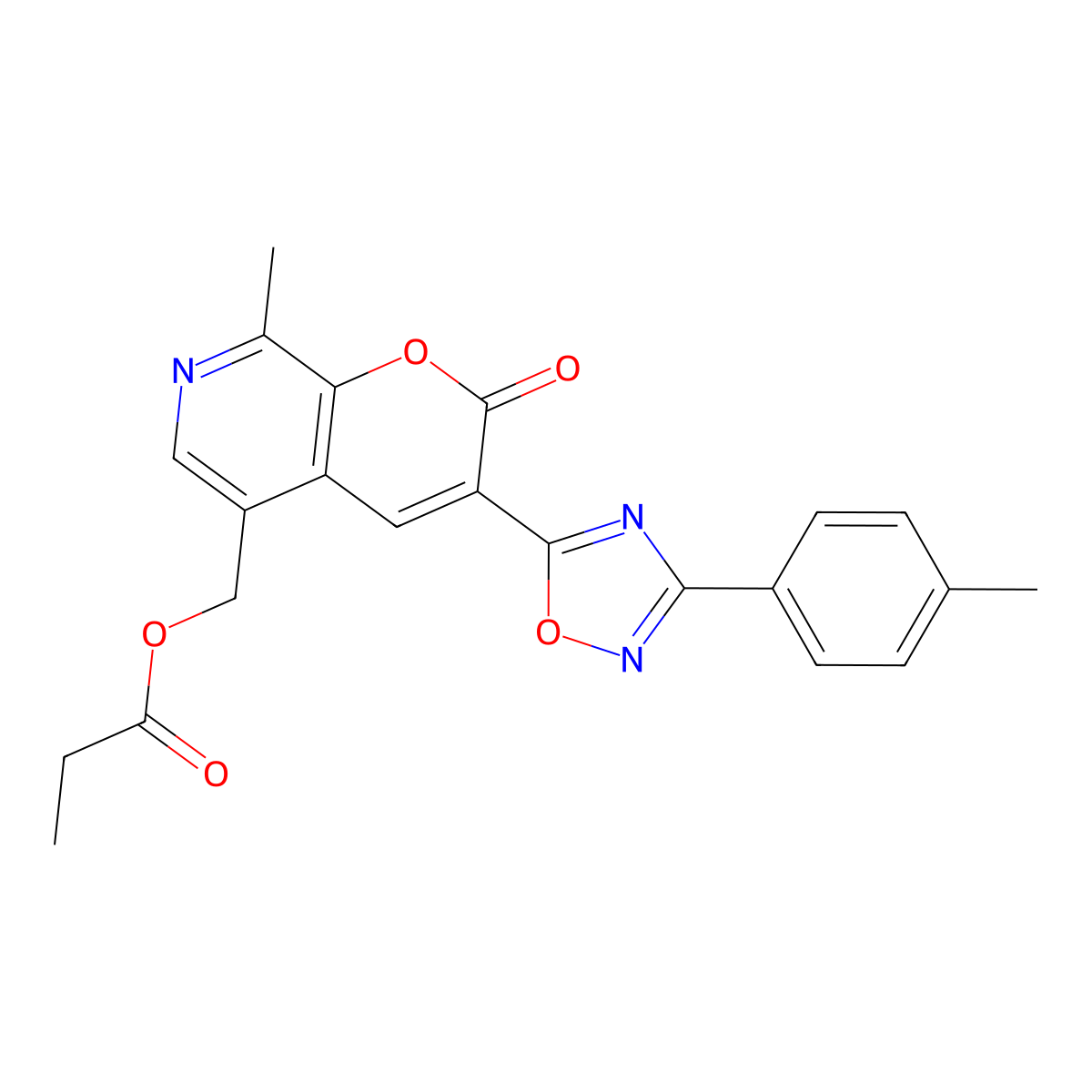 (8-methyl-2-oxo-3-(3-(p-tolyl)-1,2,4-oxadiazol-5-yl)-2H-pyrano[2,3-c]pyridin-5-yl)methyl propionate molecular structure, CAS 1189993-83-6