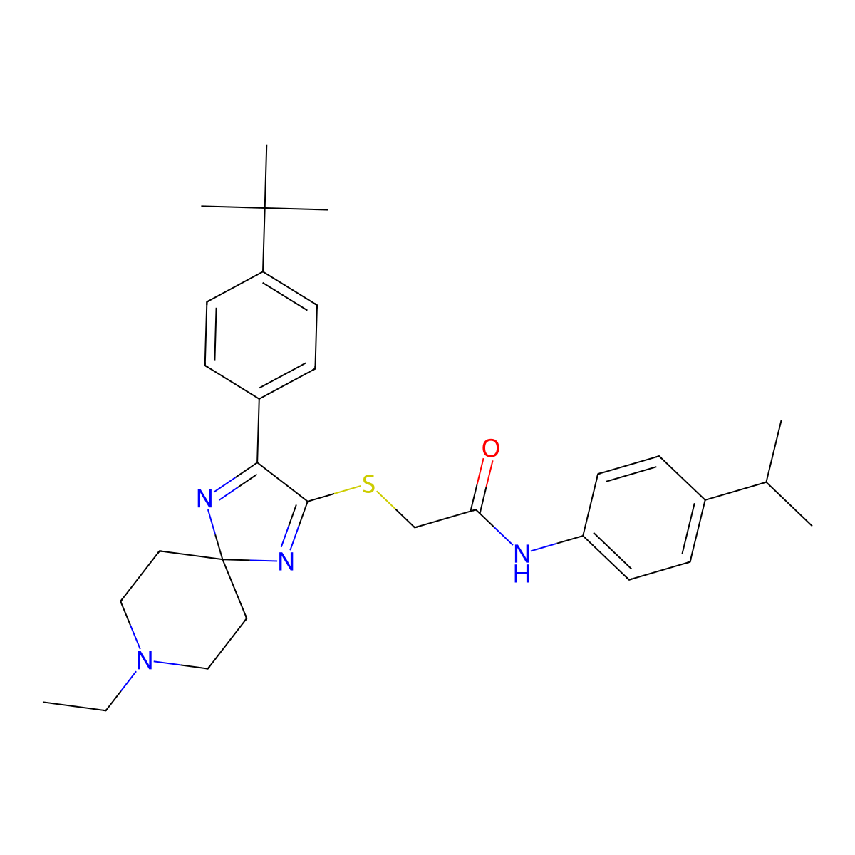 2-{[3-(4-tert-butylphenyl)-8-ethyl-1,4,8-triazaspiro[4.5]deca-1,3-dien-2-yl]sulfanyl}-N-[4-(propan-2-yl)phenyl]acetamide molecular structure, CAS 1189994-35-1