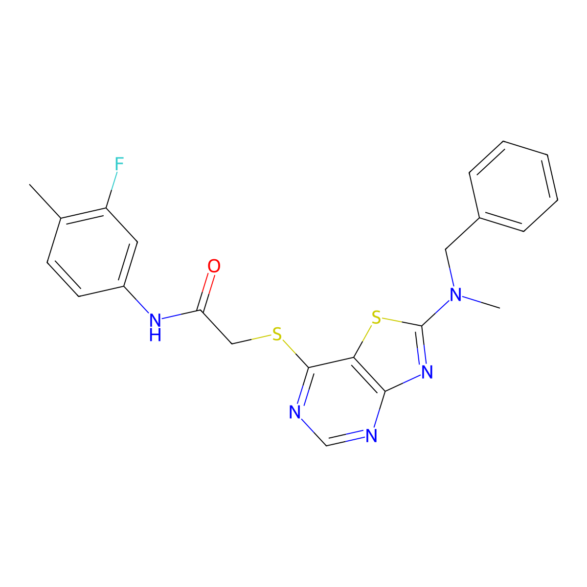 2-({2-[benzyl(methyl)amino]-[1,3]thiazolo[4,5-d]pyrimidin-7-yl}sulfanyl)-N-(3-fluoro-4-methylphenyl)acetamide molecular structure, CAS 1189994-63-5