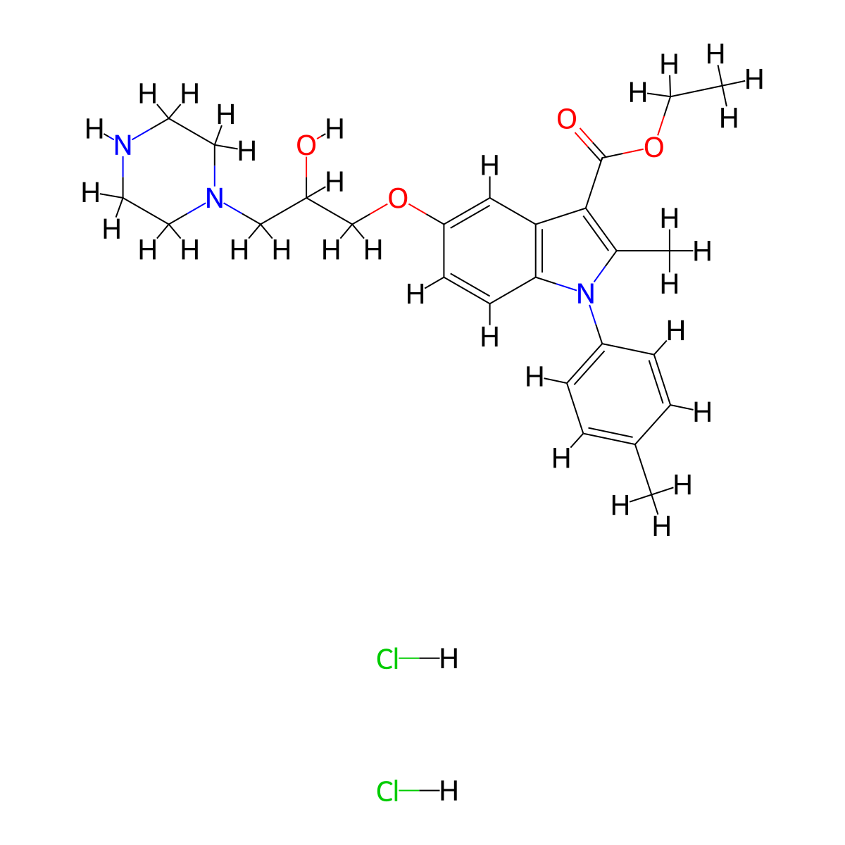 ethyl 5-(2-hydroxy-3-(piperazin-1-yl)propoxy)-2-methyl-1-(p-tolyl)-1H-indole-3-carboxylate dihydrochloride molecular structure, CAS 1189996-09-5