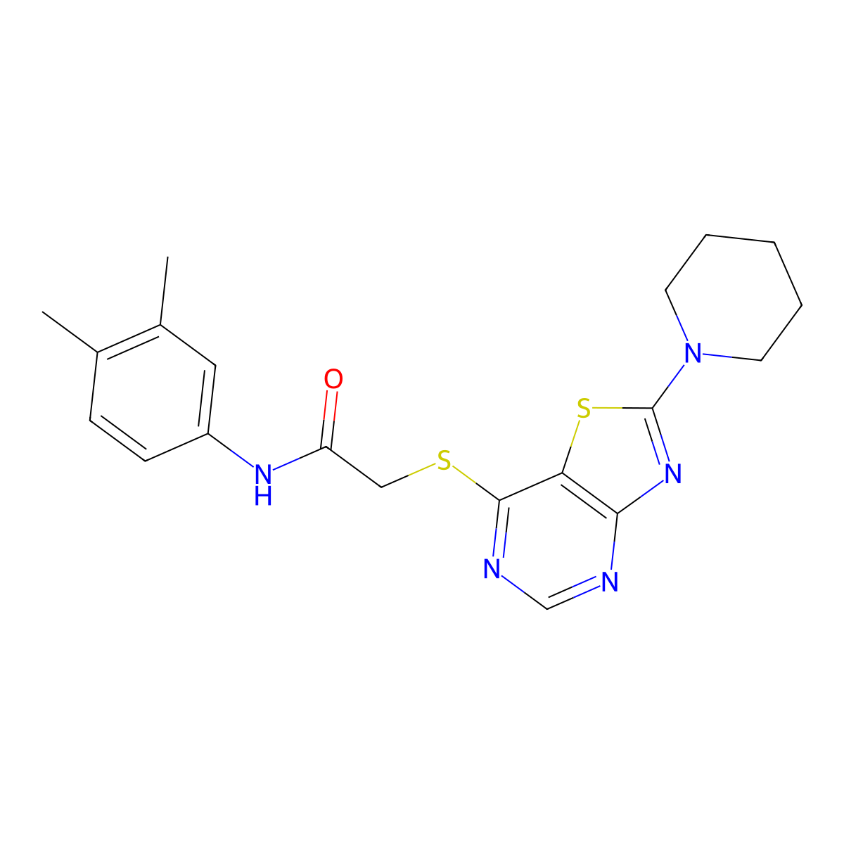N-(3,4-dimethylphenyl)-2-((2-(piperidin-1-yl)thiazolo[4,5-d]pyrimidin-7-yl)thio)acetamide molecular structure, CAS 1189996-77-7