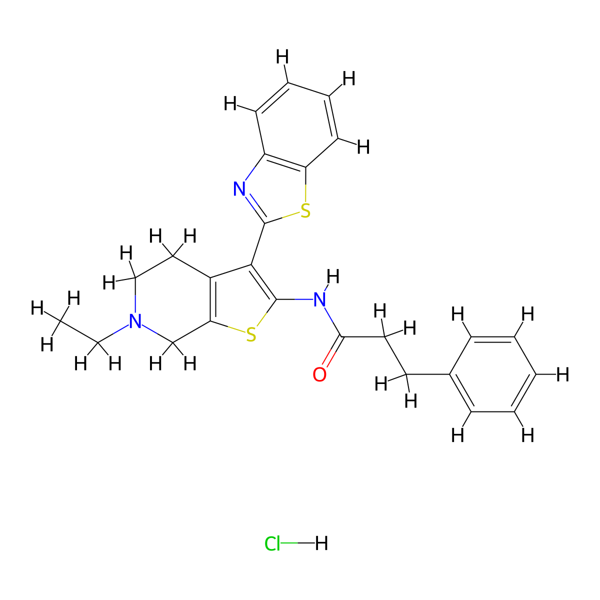 N-(3-(benzo[d]thiazol-2-yl)-6-ethyl-4,5,6,7-tetrahydrothieno[2,3-c]pyridin-2-yl)-3-phenylpropanamide hydrochloride molecular structure, CAS 1189998-24-0