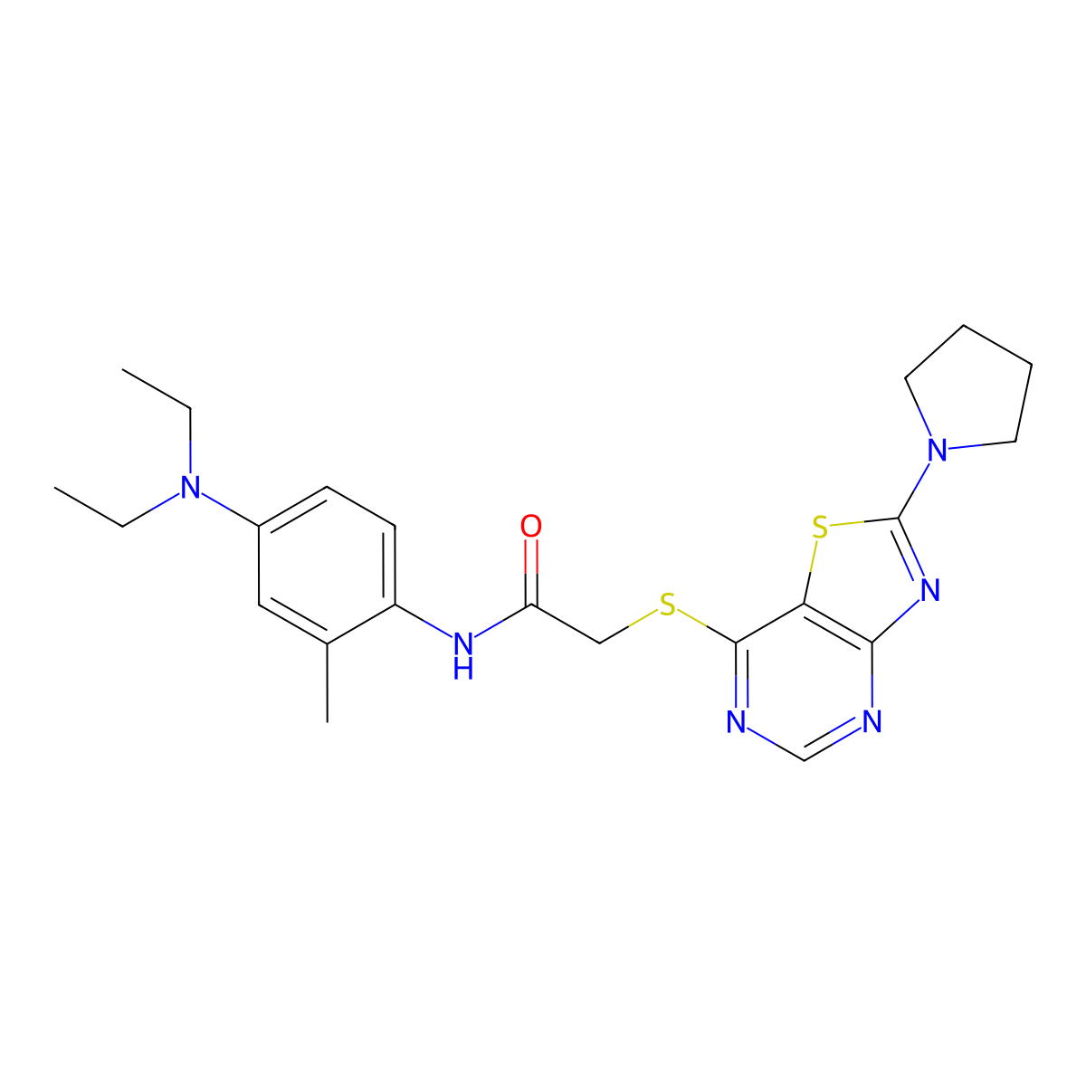 N-(4-(diethylamino)-2-methylphenyl)-2-((2-(pyrrolidin-1-yl)thiazolo[4,5-d]pyrimidin-7-yl)thio)acetamide molecular structure, CAS 1189999-02-7