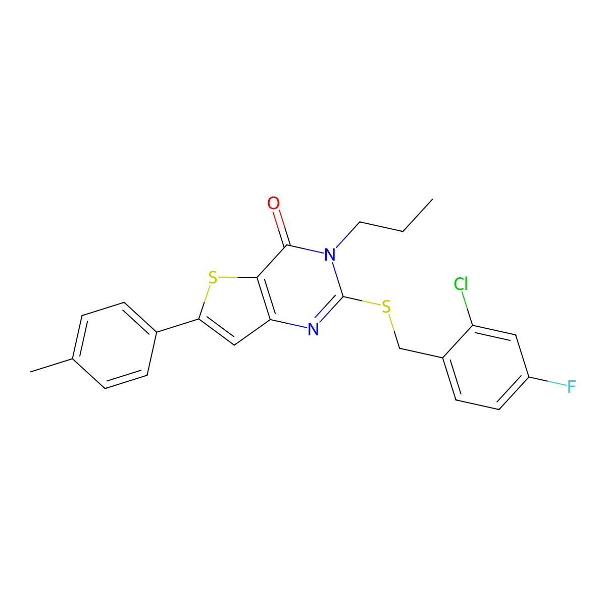 2-((2-chloro-4-fluorobenzyl)thio)-3-propyl-6-(p-tolyl)thieno[3,2-d]pyrimidin-4(3H)-one molecular structure, CAS 1189999-59-4