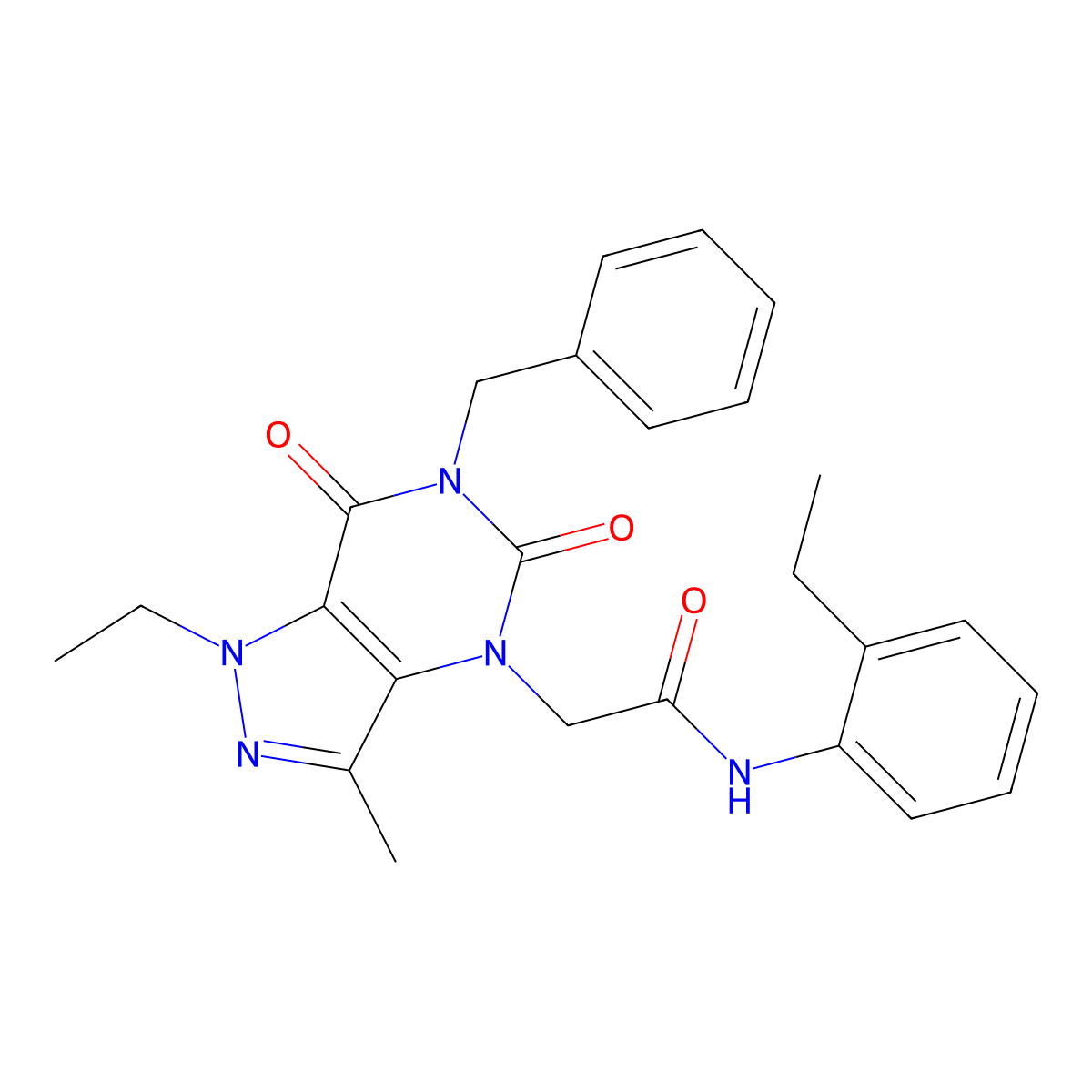 2-{6-benzyl-1-ethyl-3-methyl-5,7-dioxo-1H,4H,5H,6H,7H-pyrazolo[4,3-d]pyrimidin-4-yl}-N-(2-ethylphenyl)acetamide molecular structure, CAS 1189999-65-2