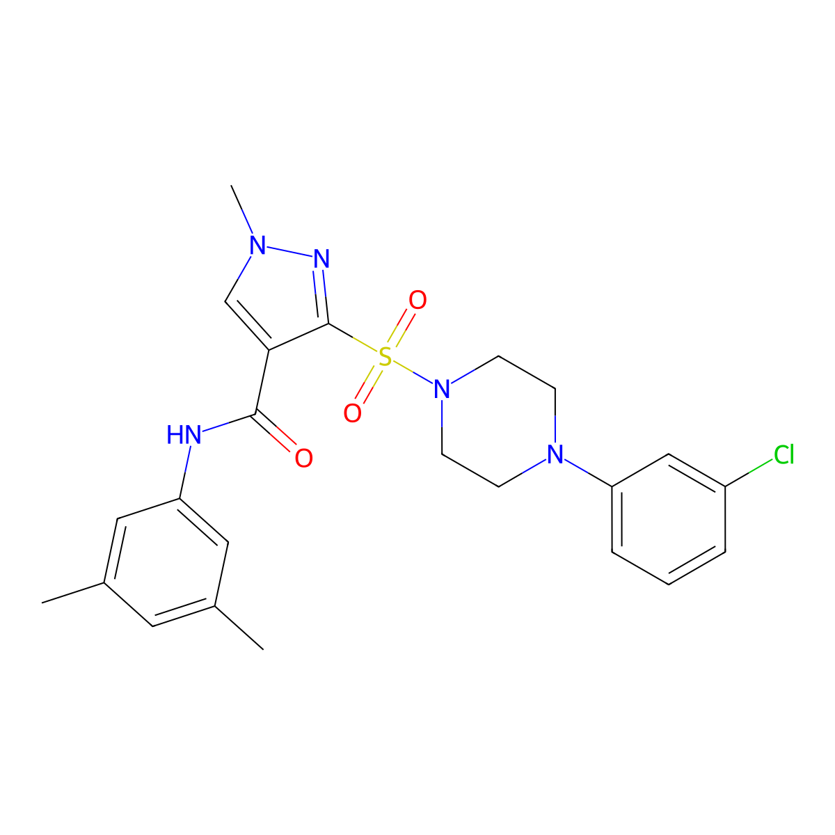 3-{[4-(3-chlorophenyl)piperazin-1-yl]sulfonyl}-N-(3,5-dimethylphenyl)-1-methyl-1H-pyrazole-4-carboxamide molecular structure, CAS 1189999-66-3