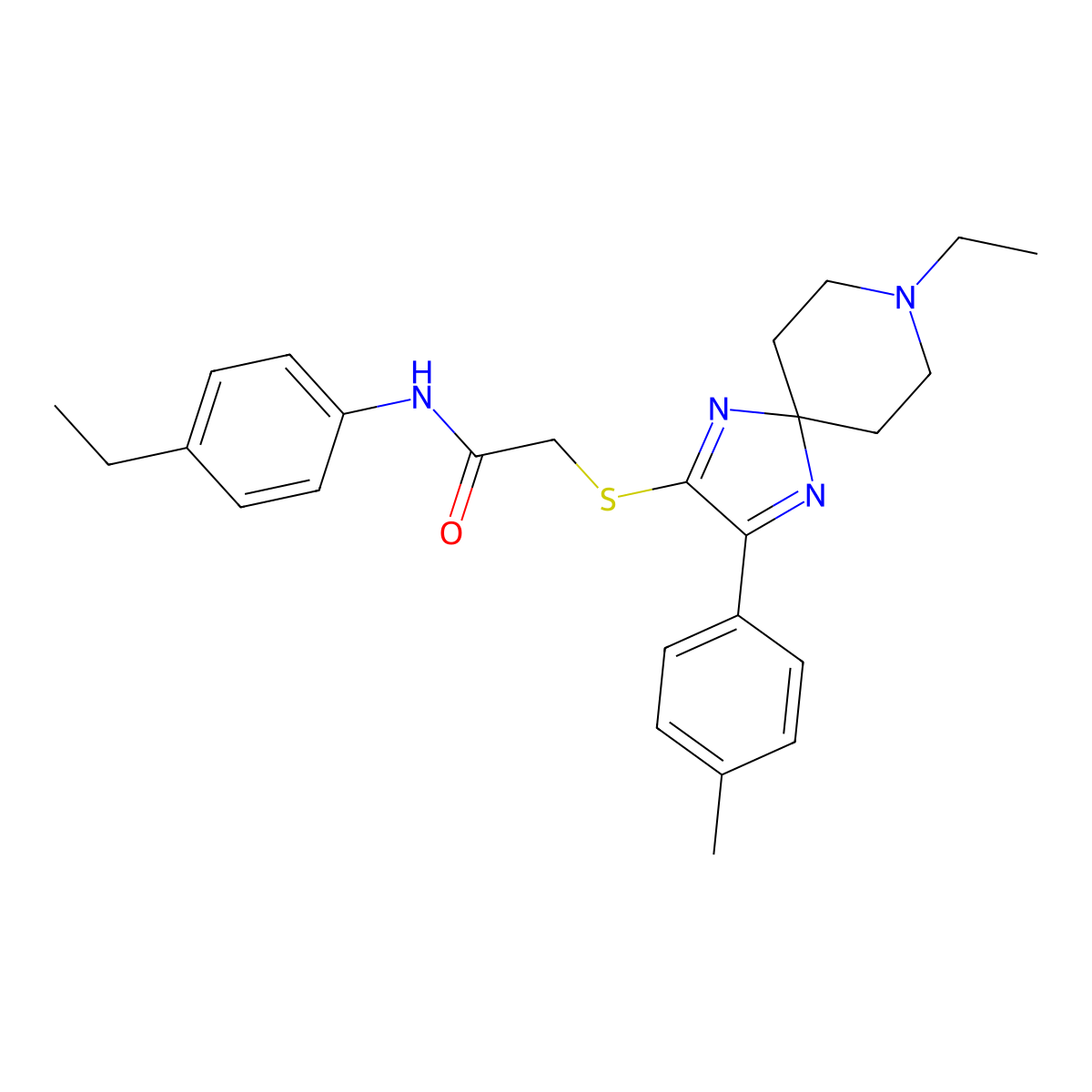 2-((8-ethyl-3-(p-tolyl)-1,4,8-triazaspiro[4.5]deca-1,3-dien-2-yl)thio)-N-(4-ethylphenyl)acetamide molecular structure, CAS 1190001-64-9