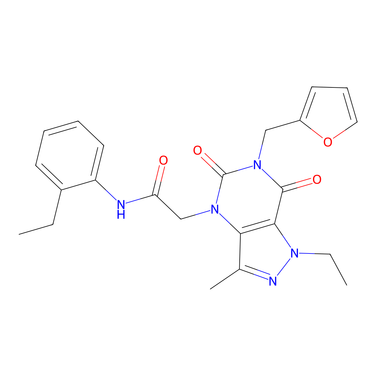 2-(1-ethyl-6-(furan-2-ylmethyl)-3-methyl-5,7-dioxo-6,7-dihydro-1H-pyrazolo[4,3-d]pyrimidin-4(5H)-yl)-N-(2-ethylphenyl)acetamide molecular structure, CAS 1190001-91-2
