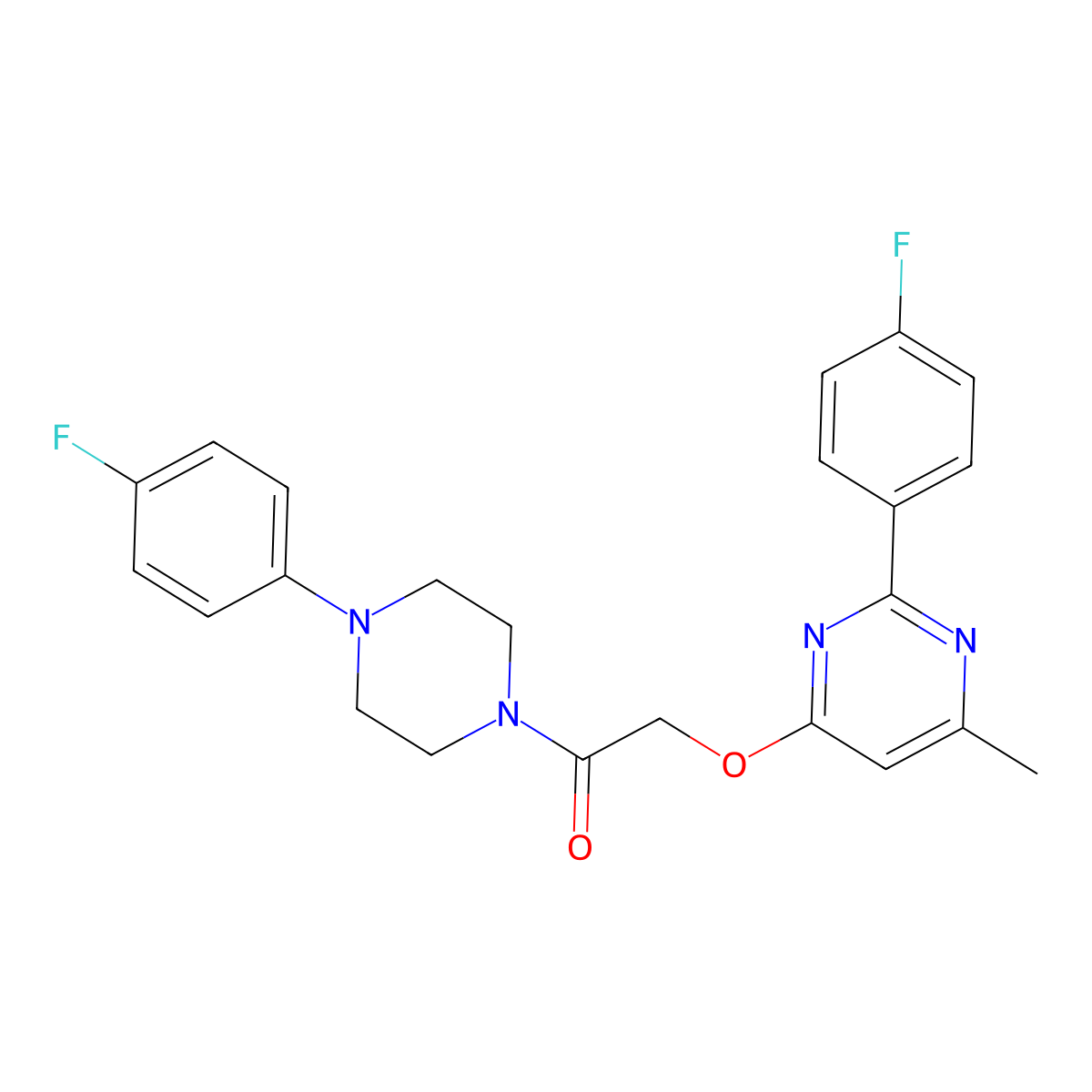 2-((2-(4-Fluorophenyl)-6-methylpyrimidin-4-yl)oxy)-1-(4-(4-fluorophenyl)piperazin-1-yl)ethanone molecular structure, CAS 1190002-09-5