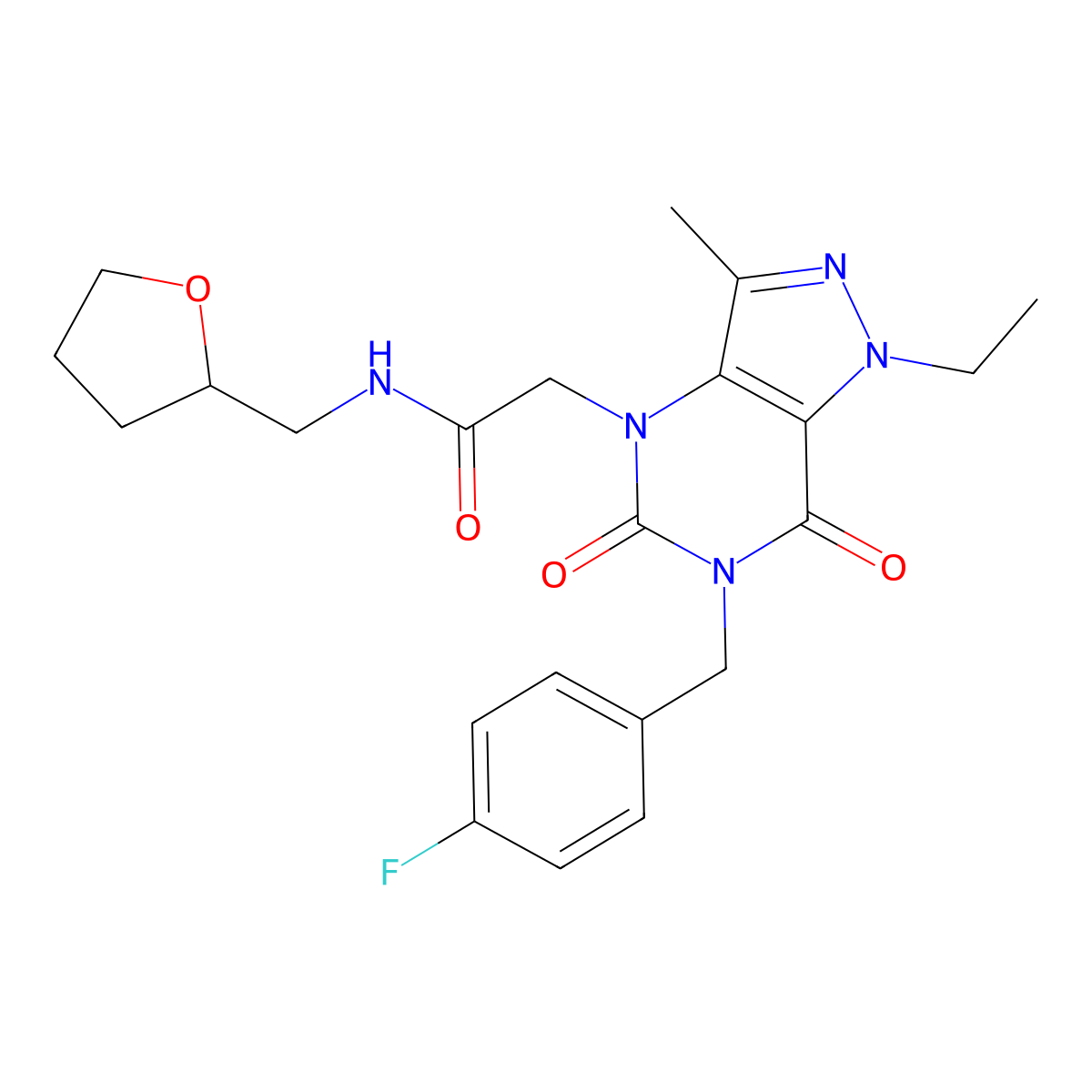 2-(1-ethyl-6-(4-fluorobenzyl)-3-methyl-5,7-dioxo-6,7-dihydro-1H-pyrazolo[4,3-d]pyrimidin-4(5H)-yl)-N-((tetrahydrofuran-2-yl)methyl)acetamide molecular structure, CAS 1190002-89-1