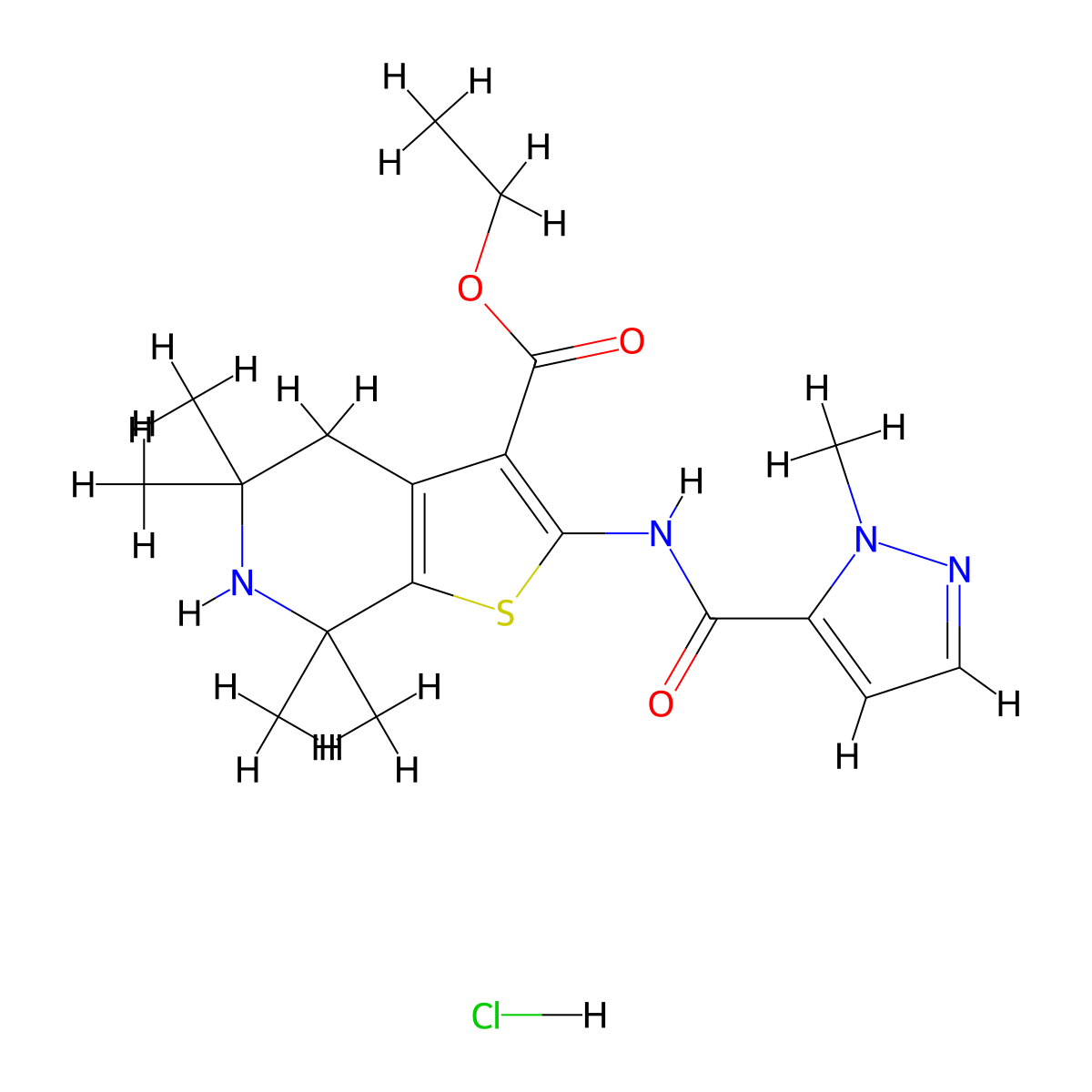 ethyl 5,5,7,7-tetramethyl-2-(1-methyl-1H-pyrazole-5-carboxamido)-4,5,6,7-tetrahydrothieno[2,3-c]pyridine-3-carboxylate hydrochloride molecular structure, CAS 1190005-31-2