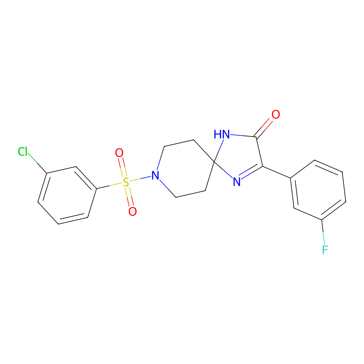 8-((3-Chlorophenyl)sulfonyl)-3-(3-fluorophenyl)-1,4,8-triazaspiro[4.5]dec-3-en-2-one molecular structure, CAS 1190005-46-9