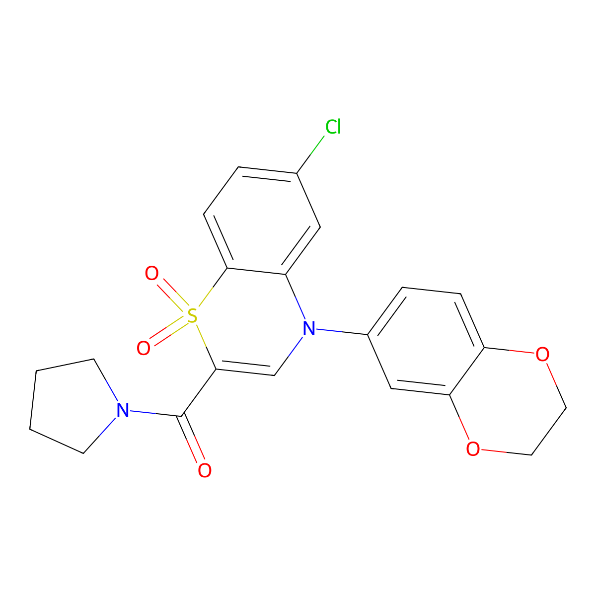 6-chloro-4-(2,3-dihydro-1,4-benzodioxin-6-yl)-2-(pyrrolidine-1-carbonyl)-4H-1lambda6,4-benzothiazine-1,1-dione molecular structure, CAS 1190007-12-5