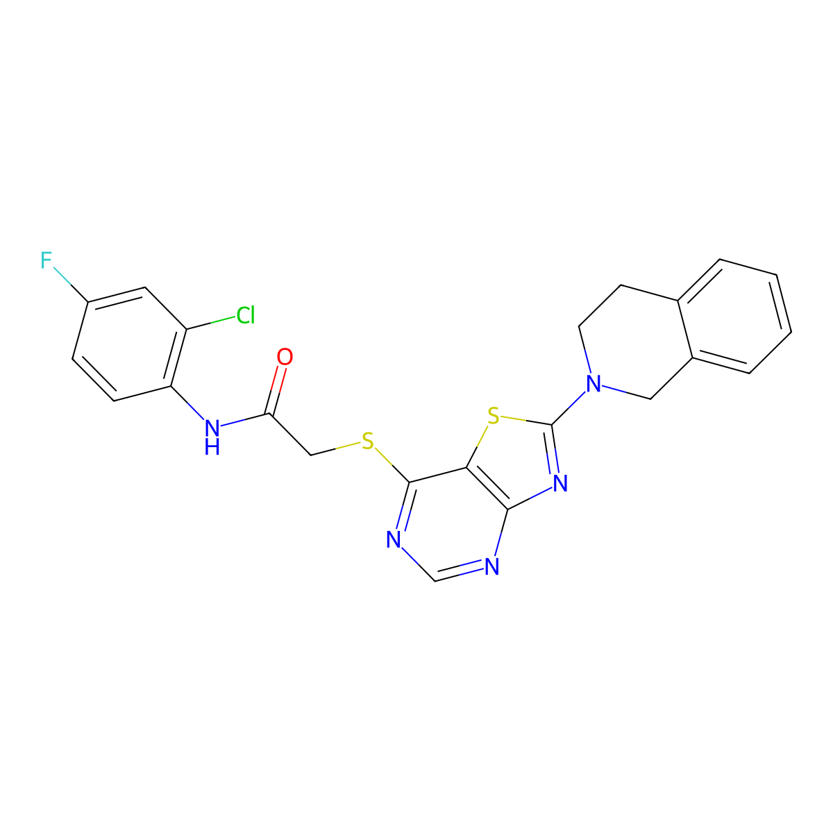 N-(2-chloro-4-fluorophenyl)-2-((2-(3,4-dihydroisoquinolin-2(1H)-yl)thiazolo[4,5-d]pyrimidin-7-yl)thio)acetamide molecular structure, CAS 1190007-87-4