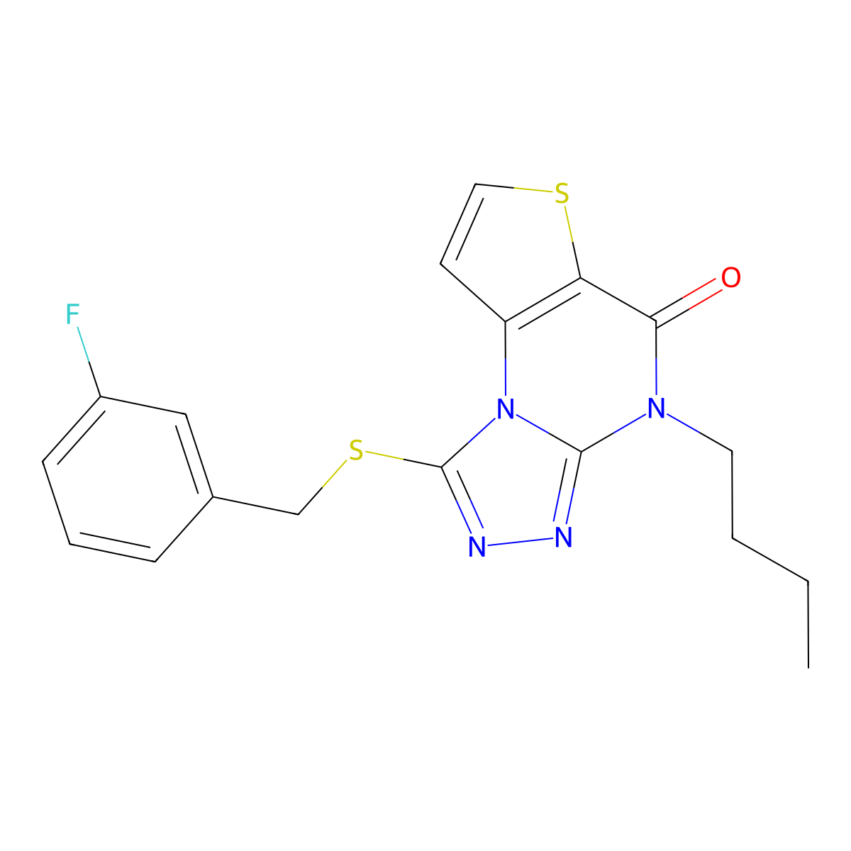 4-butyl-1-((3-fluorobenzyl)thio)thieno[2,3-e][1,2,4]triazolo[4,3-a]pyrimidin-5(4H)-one molecular structure, CAS 1190010-34-4