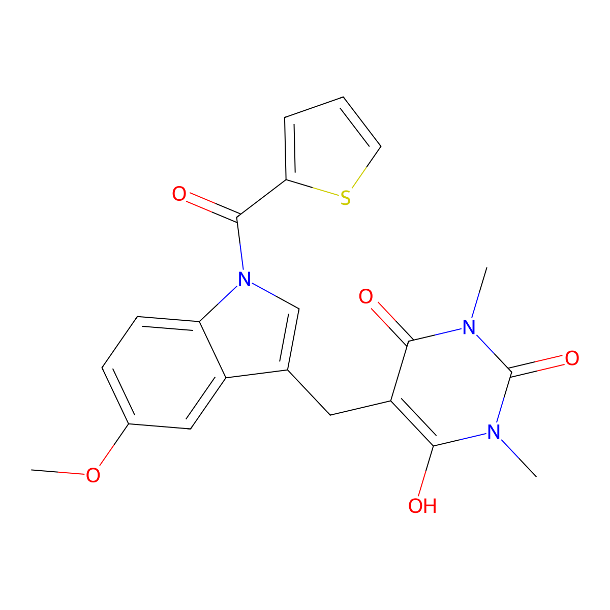 6-hydroxy-5-{[5-methoxy-1-(2-thienylcarbonyl)-1H-indol-3-yl]methyl}-1,3-dimethyl-2,4(1H,3H)-pyrimidinedione molecular structure, CAS 1190013-14-9
