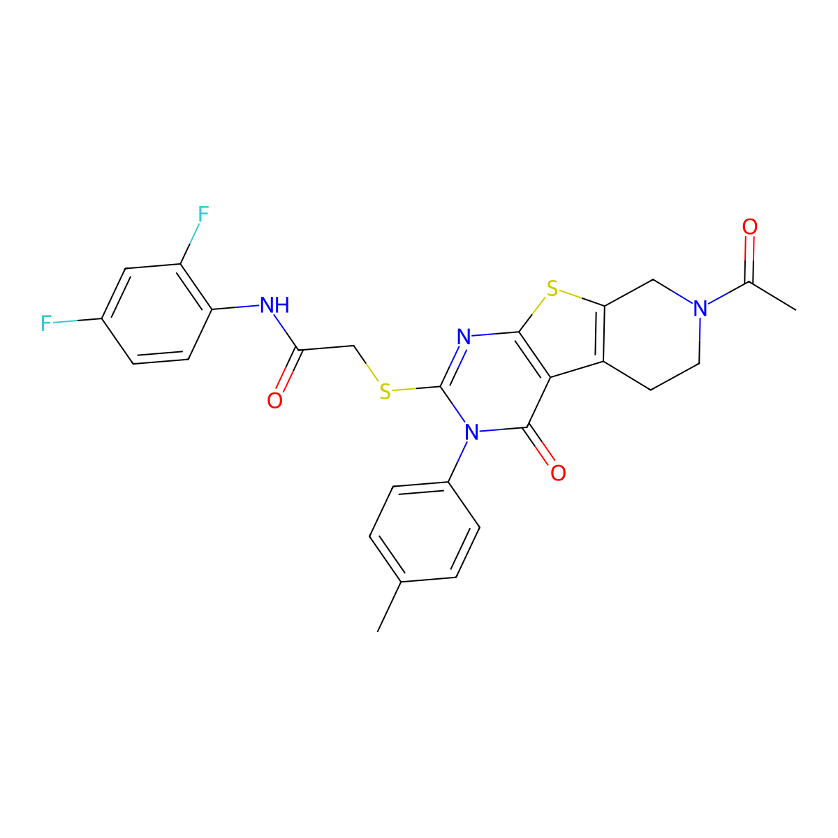 2-((7-acetyl-4-oxo-3-(p-tolyl)-3,4,5,6,7,8-hexahydropyrido[4',3':4,5]thieno[2,3-d]pyrimidin-2-yl)thio)-N-(2,4-difluorophenyl)acetamide molecular structure, CAS 1190016-78-4