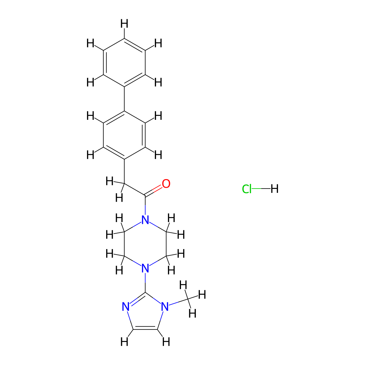 2-([1,1'-biphenyl]-4-yl)-1-(4-(1-methyl-1H-imidazol-2-yl)piperazin-1-yl)ethanone hydrochloride molecular structure, CAS 1190018-43-9