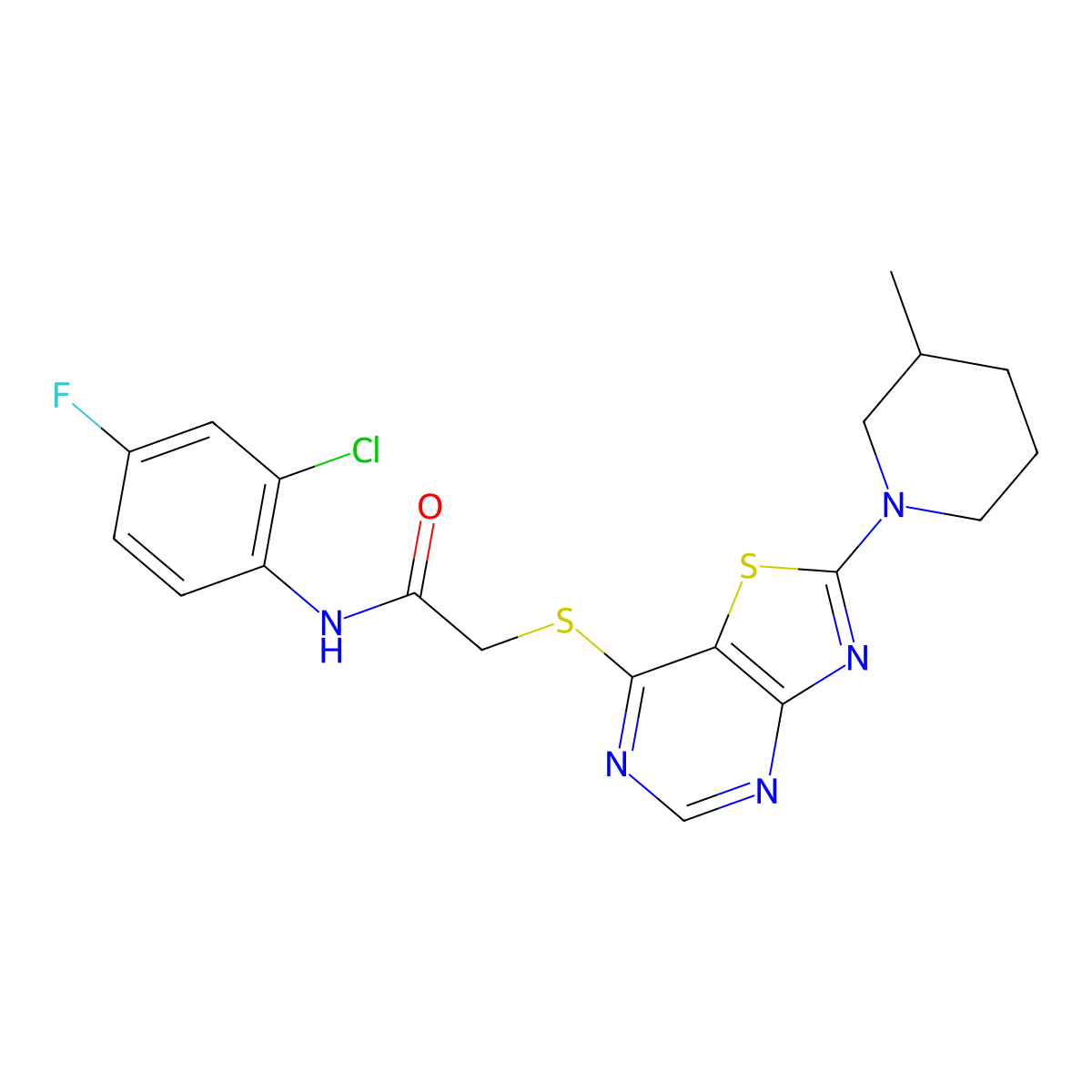 N-(2-chloro-4-fluorophenyl)-2-{[2-(3-methylpiperidin-1-yl)[1,3]thiazolo[4,5-d]pyrimidin-7-yl]thio}acetamide molecular structure, CAS 1190021-65-8
