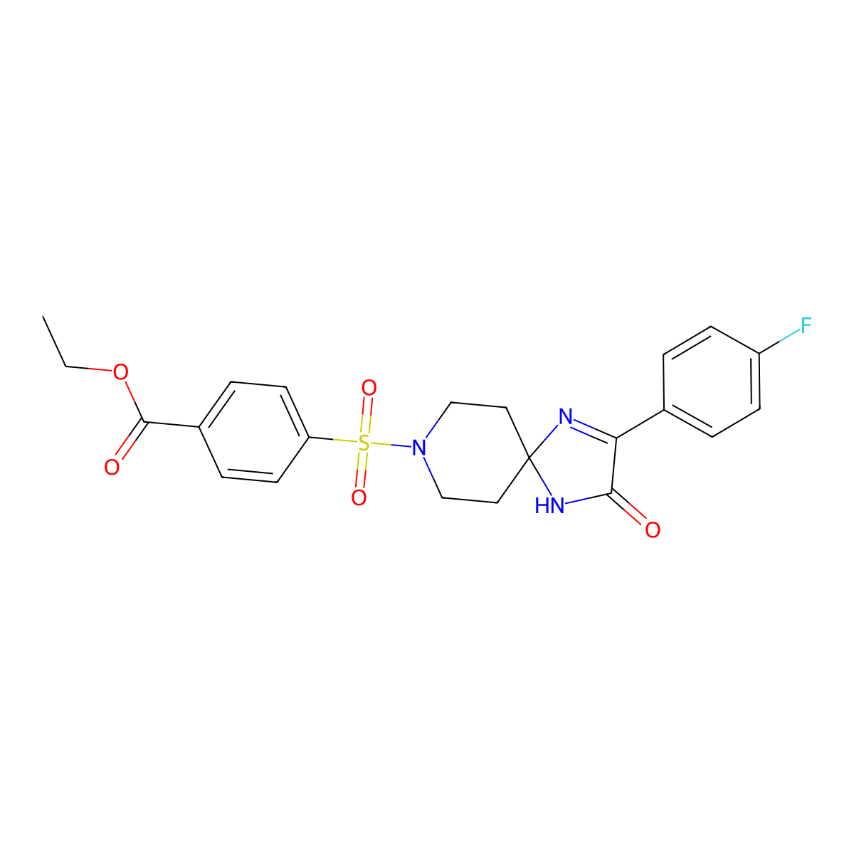 Ethyl 4-((2-(4-fluorophenyl)-3-oxo-1,4,8-triazaspiro[4.5]dec-1-en-8-yl)sulfonyl)benzoate molecular structure, CAS 1190022-21-9