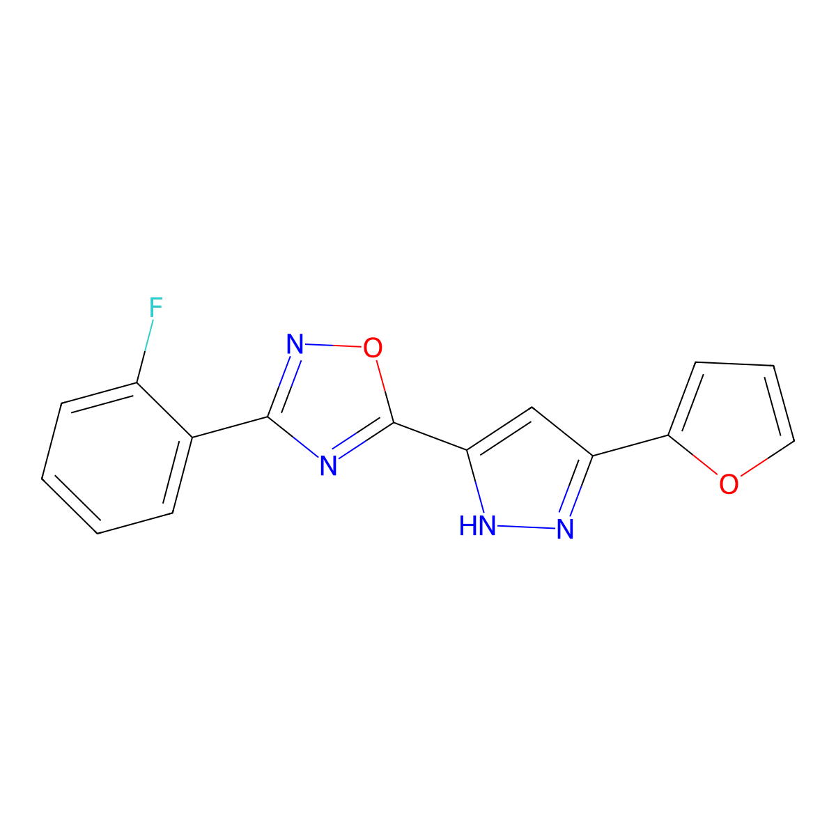 3-(2-fluorophenyl)-5-(3-(furan-2-yl)-1H-pyrazol-5-yl)-1,2,4-oxadiazole molecular structure, CAS 1190106-91-2