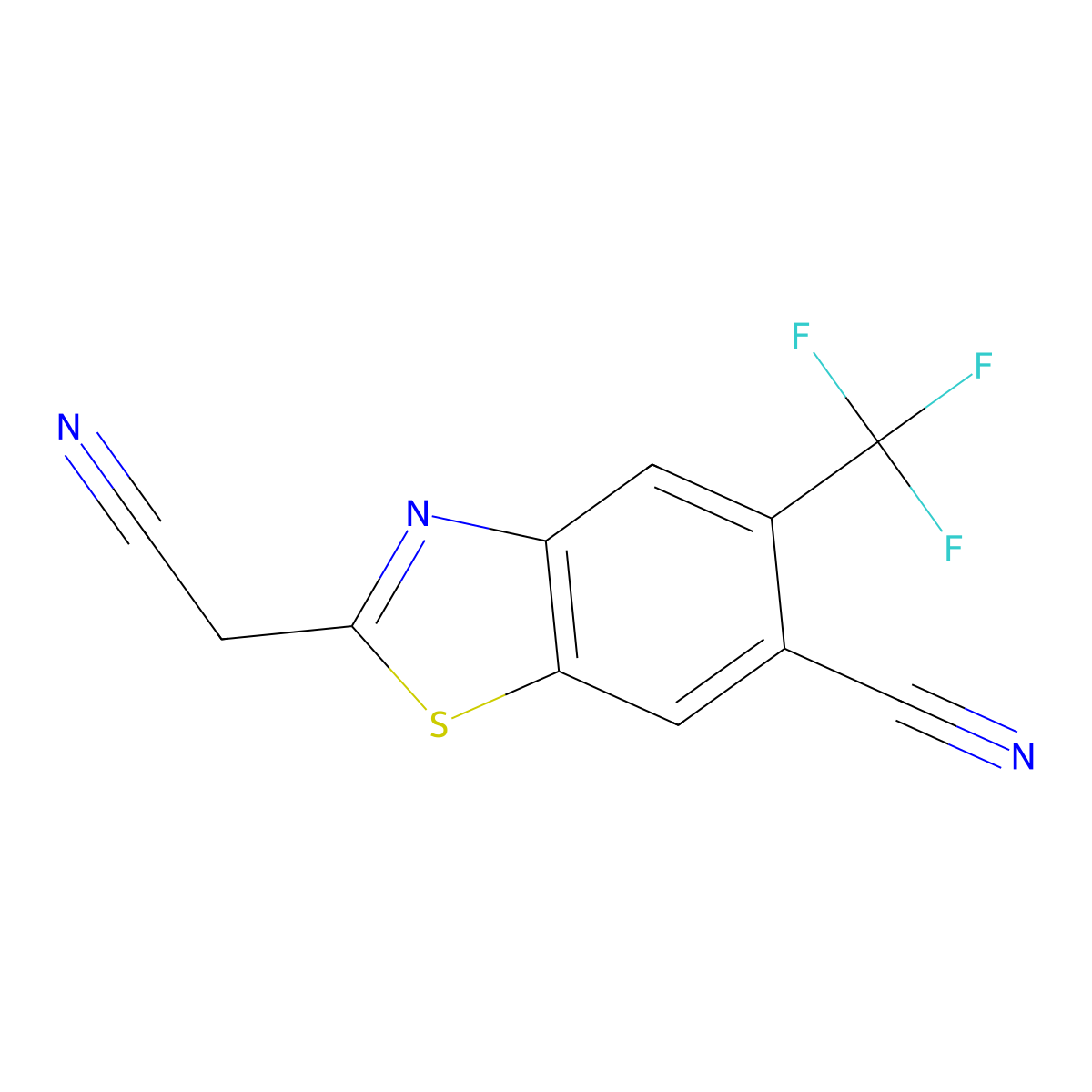 2-(Cyanomethyl)-5-(trifluoromethyl)-1,3-benzothiazole-6-carbonitrile molecular structure, CAS 1190198-30-1