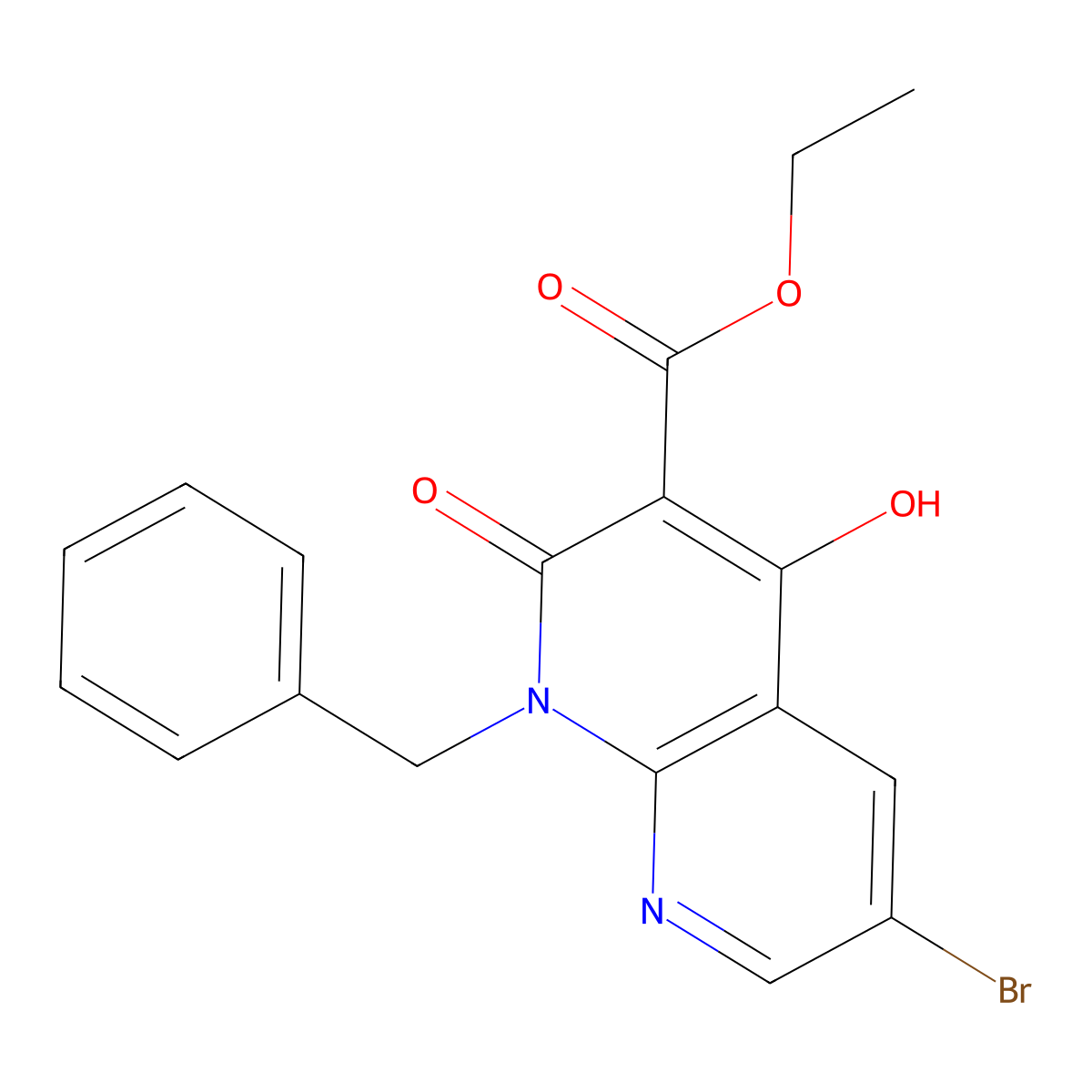 Ethyl 1-benzyl-6-bromo-4-hydroxy-2-oxo-1,2-dihydro[1,8]naphthyridine-3-carboxylate molecular structure, CAS 1190198-34-5