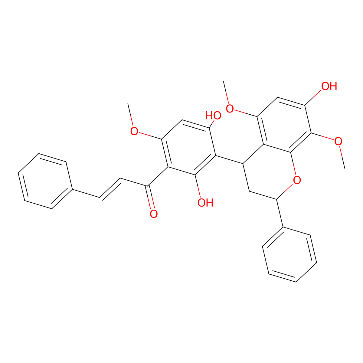 1-[2,4-dihydroxy-3-(7-hydroxy-5,8-dimethoxy-2-phenyl-3,4-dihydro-2H-chromen-4-yl)-6-methoxyphenyl]-3-phenylprop-2-en-1-one molecular structure, CAS 1190225-47-8