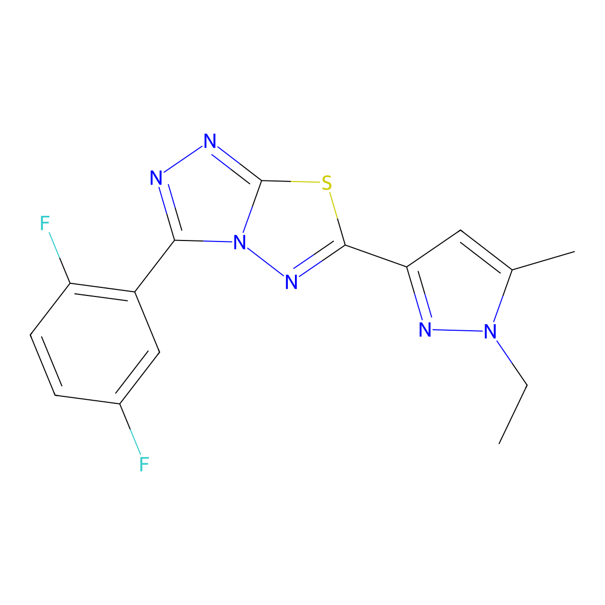 3-(2,5-difluorophenyl)-6-(1-ethyl-5-methyl-1H-pyrazol-3-yl)[1,2,4]triazolo[3,4-b][1,3,4]thiadiazole molecular structure, CAS 1190240-42-6