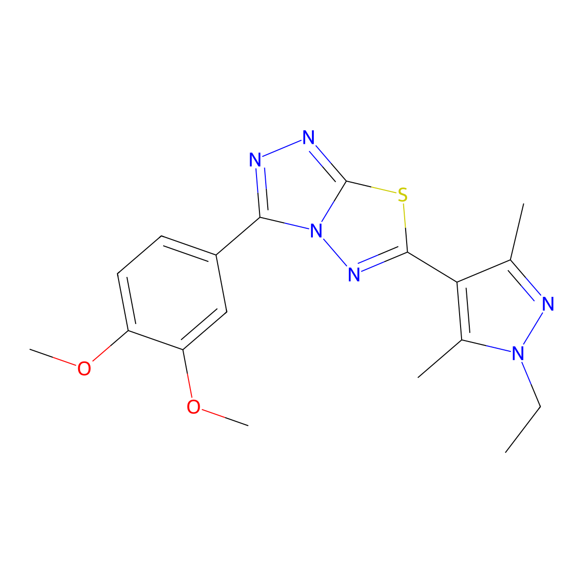 3-(3,4-dimethoxyphenyl)-6-(1-ethyl-3,5-dimethyl-1H-pyrazol-4-yl)[1,2,4]triazolo[3,4-b][1,3,4]thiadiazole molecular structure, CAS 1190241-12-3
