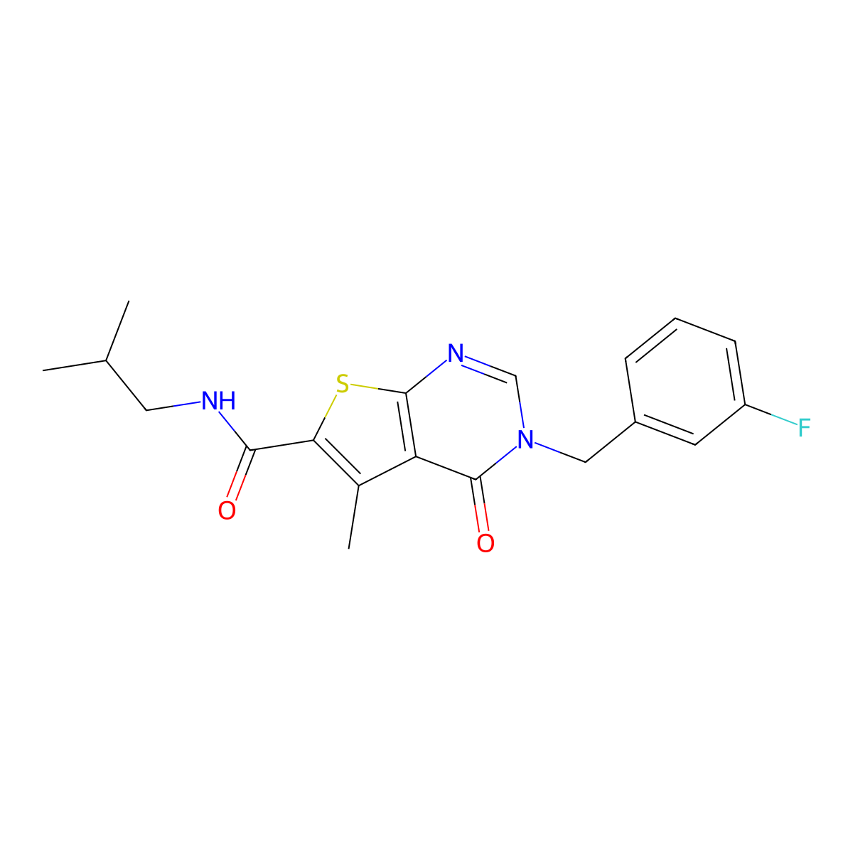 3-(3-fluorobenzyl)-5-methyl-N-(2-methylpropyl)-4-oxo-3,4-dihydrothieno[2,3-d]pyrimidine-6-carboxamide molecular structure, CAS 1190241-89-4