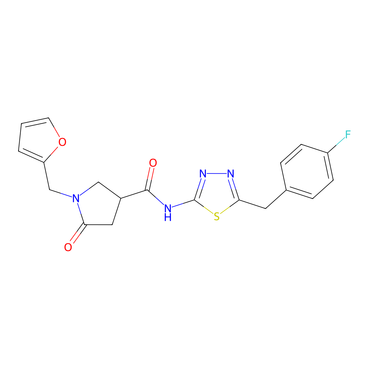 N-[(2E)-5-(4-fluorobenzyl)-1,3,4-thiadiazol-2(3H)-ylidene]-1-(furan-2-ylmethyl)-5-oxopyrrolidine-3-carboxamide molecular structure, CAS 1190242-11-5