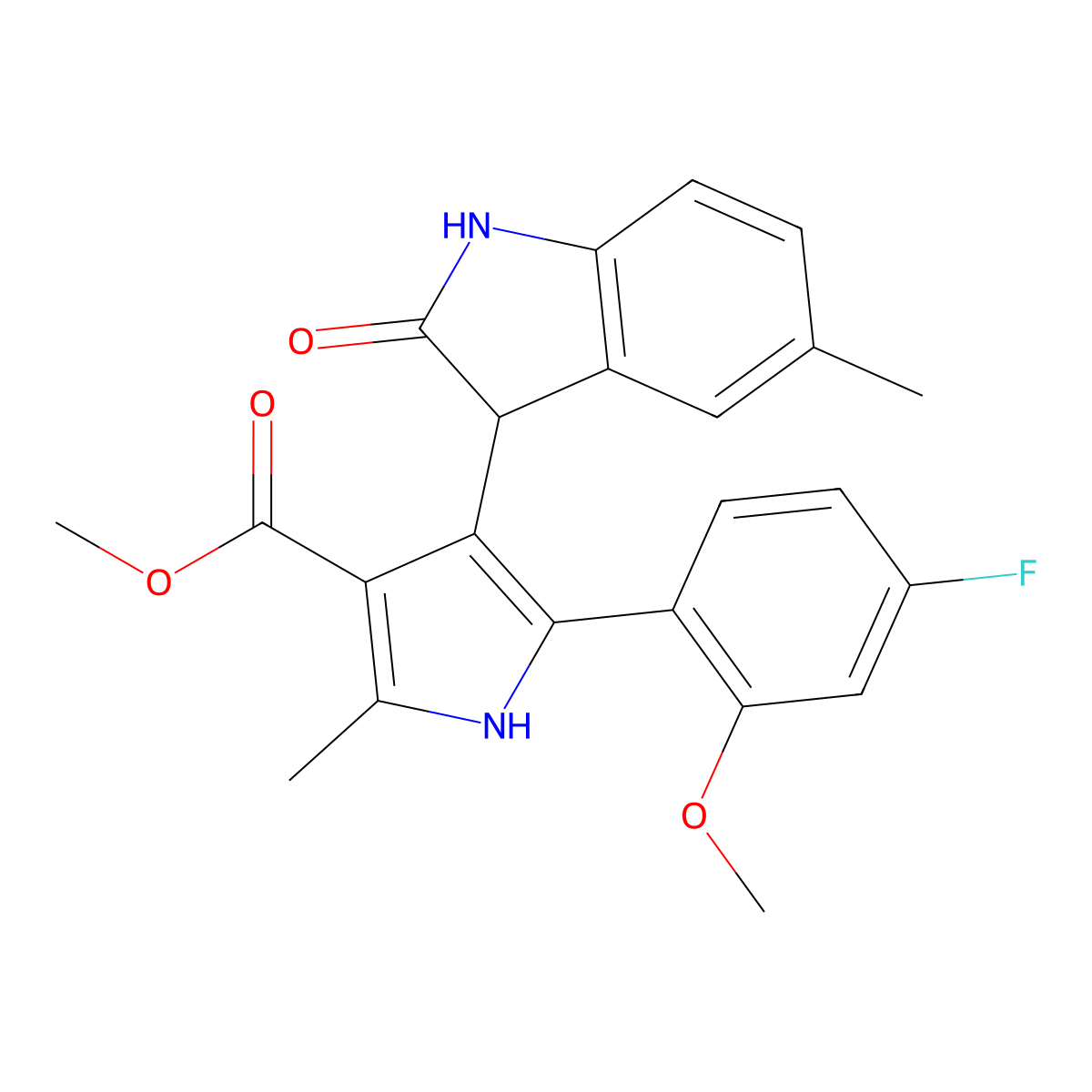 methyl 5-(4-fluoro-2-methoxyphenyl)-2-methyl-4-(5-methyl-2-oxo-2,3-dihydro-1H-indol-3-yl)-1H-pyrrole-3-carboxylate molecular structure, CAS 1190242-45-5