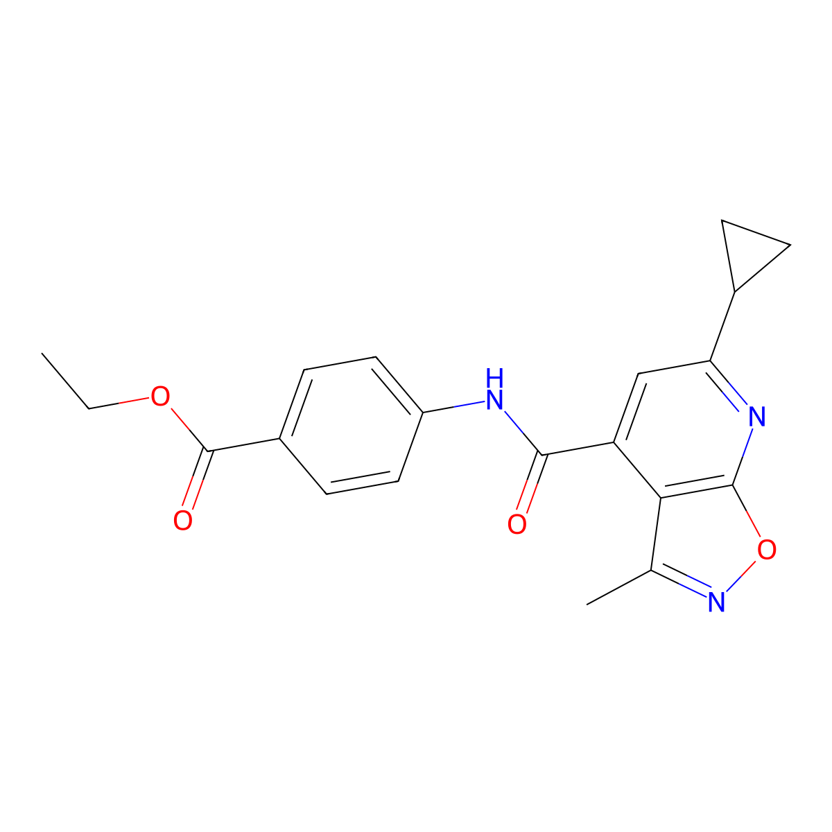 Ethyl 4-{[(6-cyclopropyl-3-methyl[1,2]oxazolo[5,4-b]pyridin-4-yl)carbonyl]amino}benzoate molecular structure, CAS 1190242-76-2