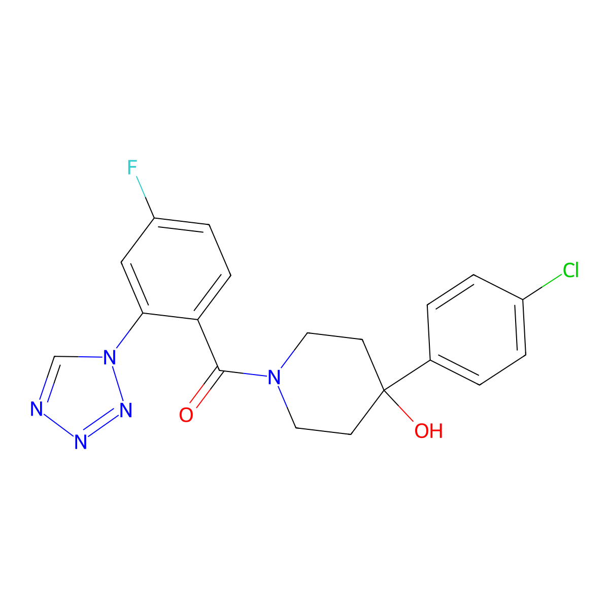 [4-(4-chlorophenyl)-4-hydroxypiperidin-1-yl][4-fluoro-2-(1H-tetrazol-1-yl)phenyl]methanone molecular structure, CAS 1190243-09-4