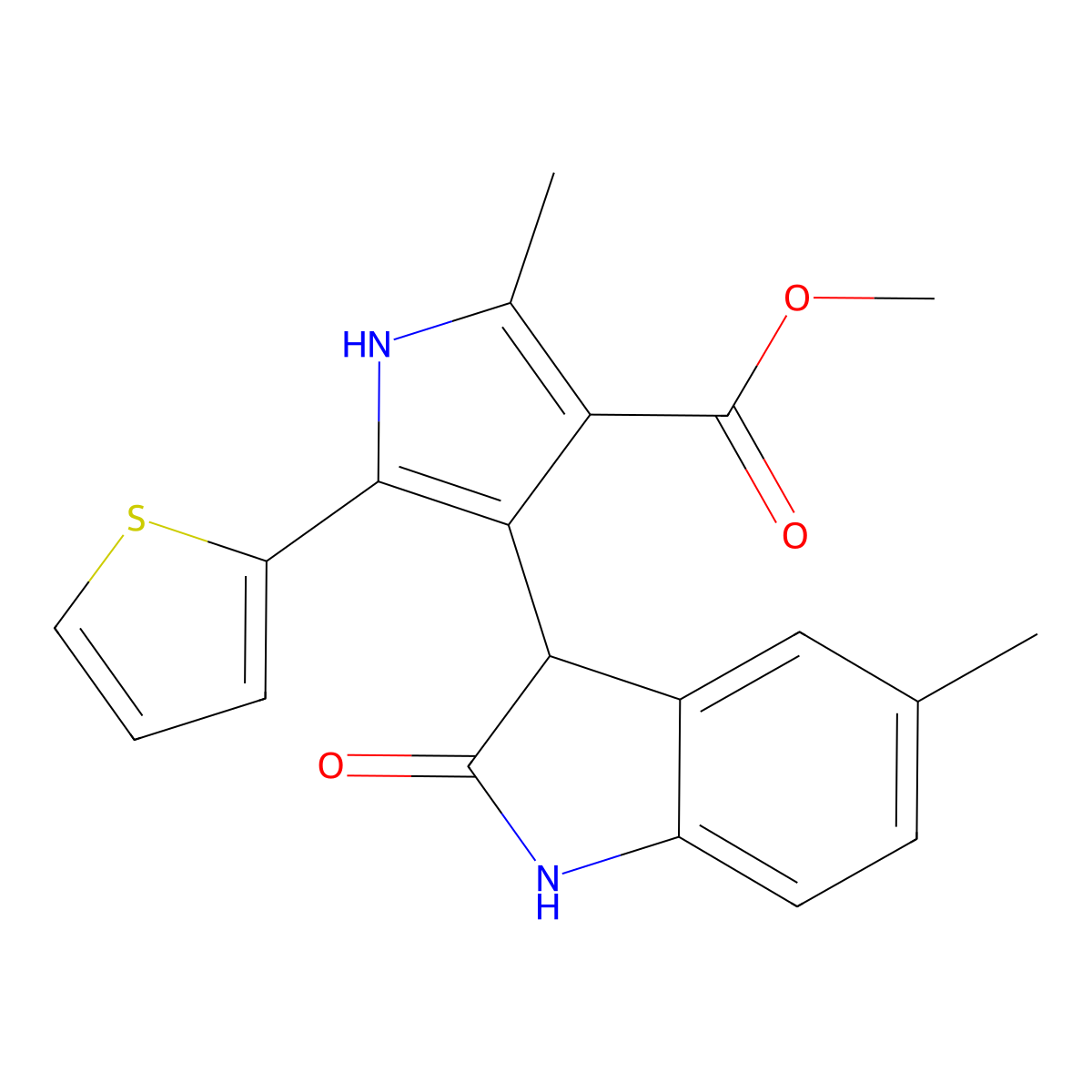 methyl 2-methyl-4-(5-methyl-2-oxo-2,3-dihydro-1H-indol-3-yl)-5-(thiophen-2-yl)-1H-pyrrole-3-carboxylate molecular structure, CAS 1190244-30-4