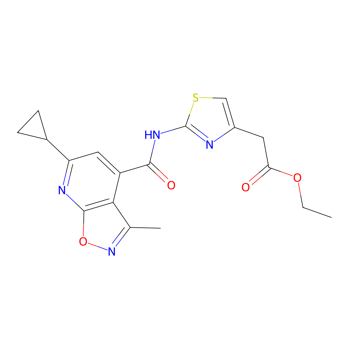 Ethyl (2-{[(6-cyclopropyl-3-methyl[1,2]oxazolo[5,4-b]pyridin-4-yl)carbonyl]amino}-1,3-thiazol-4-yl)acetate molecular structure, CAS 1190244-63-3