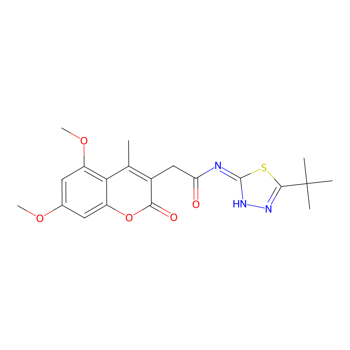 N-[(2E)-5-tert-butyl-1,3,4-thiadiazol-2(3H)-ylidene]-2-(5,7-dimethoxy-4-methyl-2-oxo-2H-chromen-3-yl)acetamide molecular structure, CAS 1190244-99-5