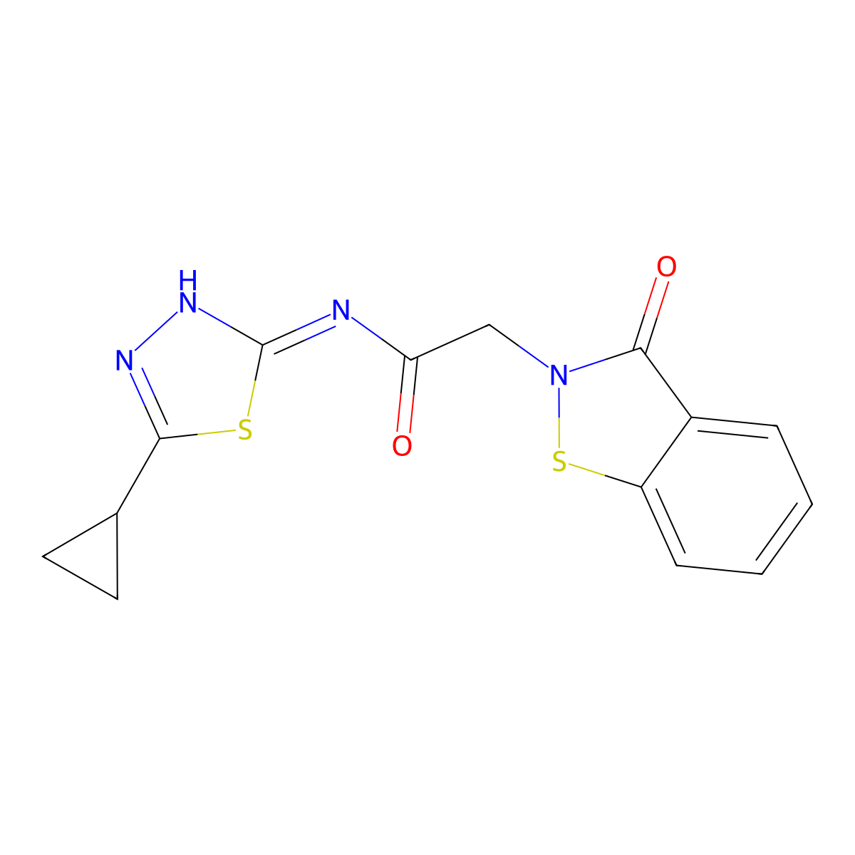 N-[(2Z)-5-cyclopropyl-1,3,4-thiadiazol-2(3H)-ylidene]-2-(3-oxo-1,2-benzothiazol-2(3H)-yl)acetamide molecular structure, CAS 1190245-79-4