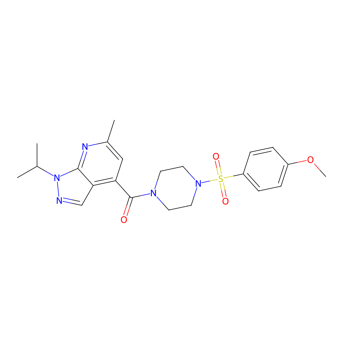 1-isopropyl-4-({4-[(4-methoxyphenyl)sulfonyl]-1-piperazinyl}carbonyl)-6-methyl-1H-pyrazolo[3,4-b]pyridine molecular structure, CAS 1190246-00-4