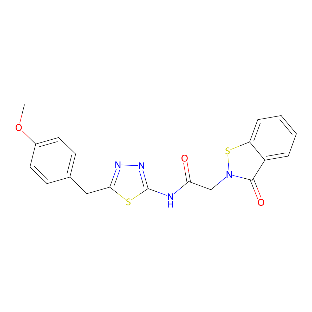 N-[(2Z)-5-(4-methoxybenzyl)-1,3,4-thiadiazol-2(3H)-ylidene]-2-(3-oxo-1,2-benzothiazol-2(3H)-yl)acetamide molecular structure, CAS 1190246-33-3
